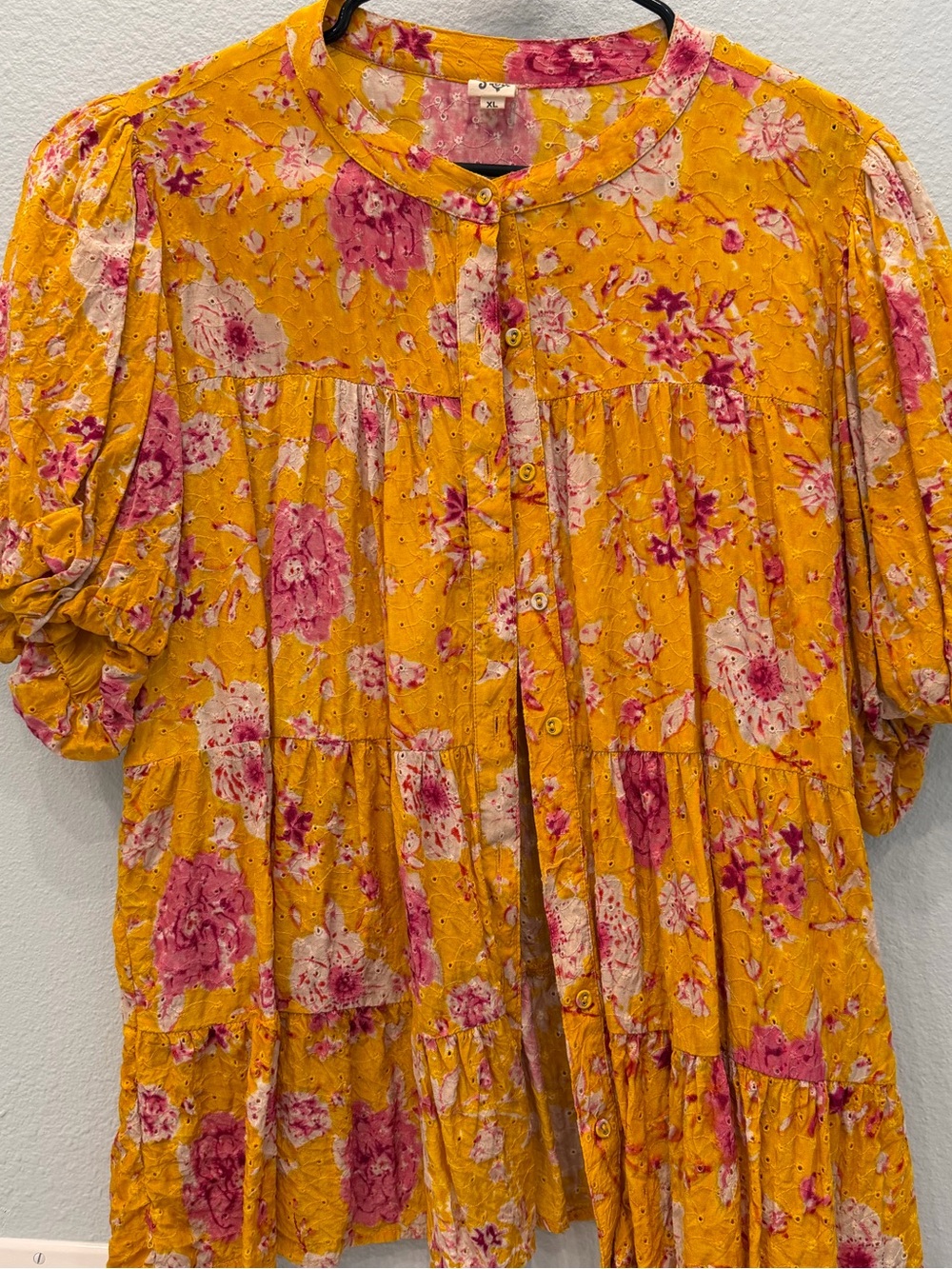 Ivy Jane Mustard Yellow Floral Eyelet Tiered Babydoll Top XL 650348